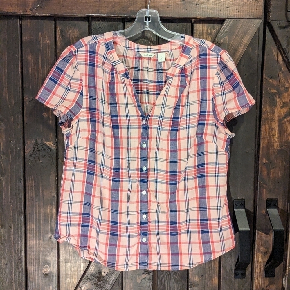 LL Bean pink plaid shirt, size 8p